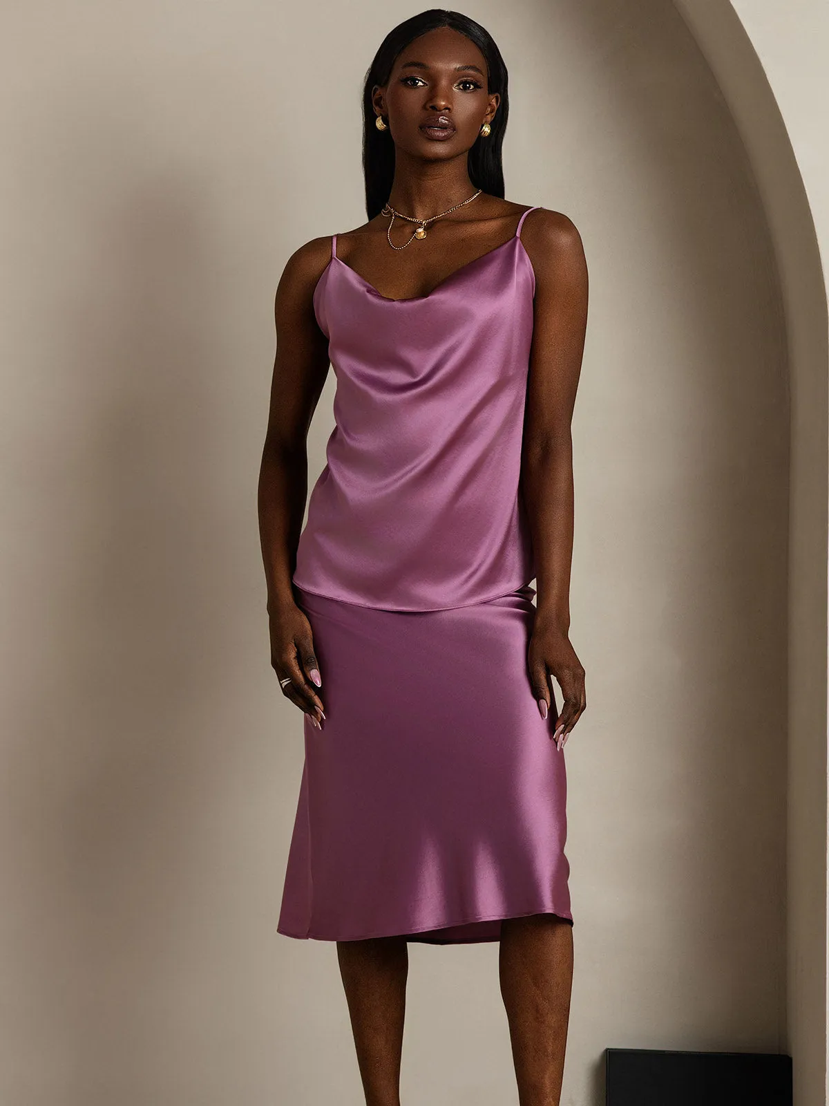19Momme Silk Spaghetti Strap Cowl Neck Camisole Top