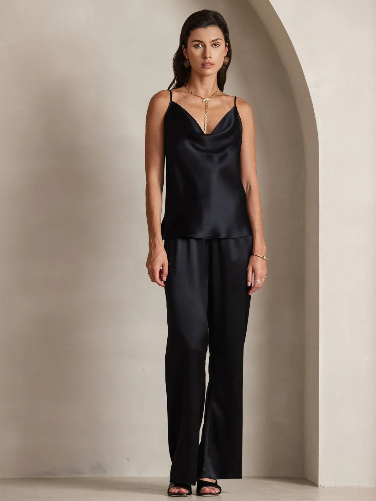 19Momme Silk Spaghetti Strap Cowl Neck Camisole Top