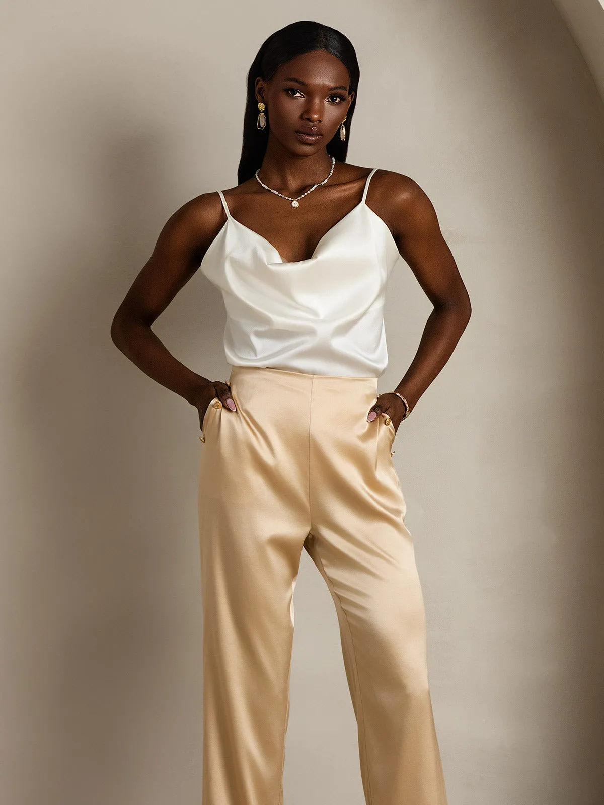 19Momme Silk Spaghetti Strap Cowl Neck Camisole Top