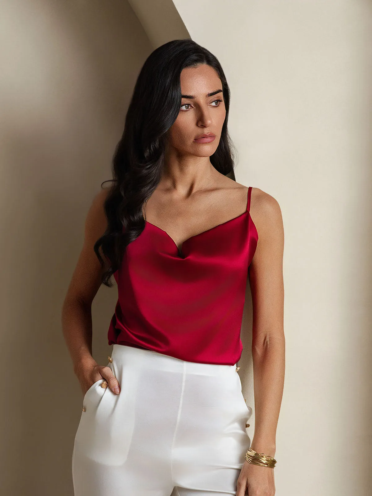 19Momme Silk Spaghetti Strap Cowl Neck Camisole Top