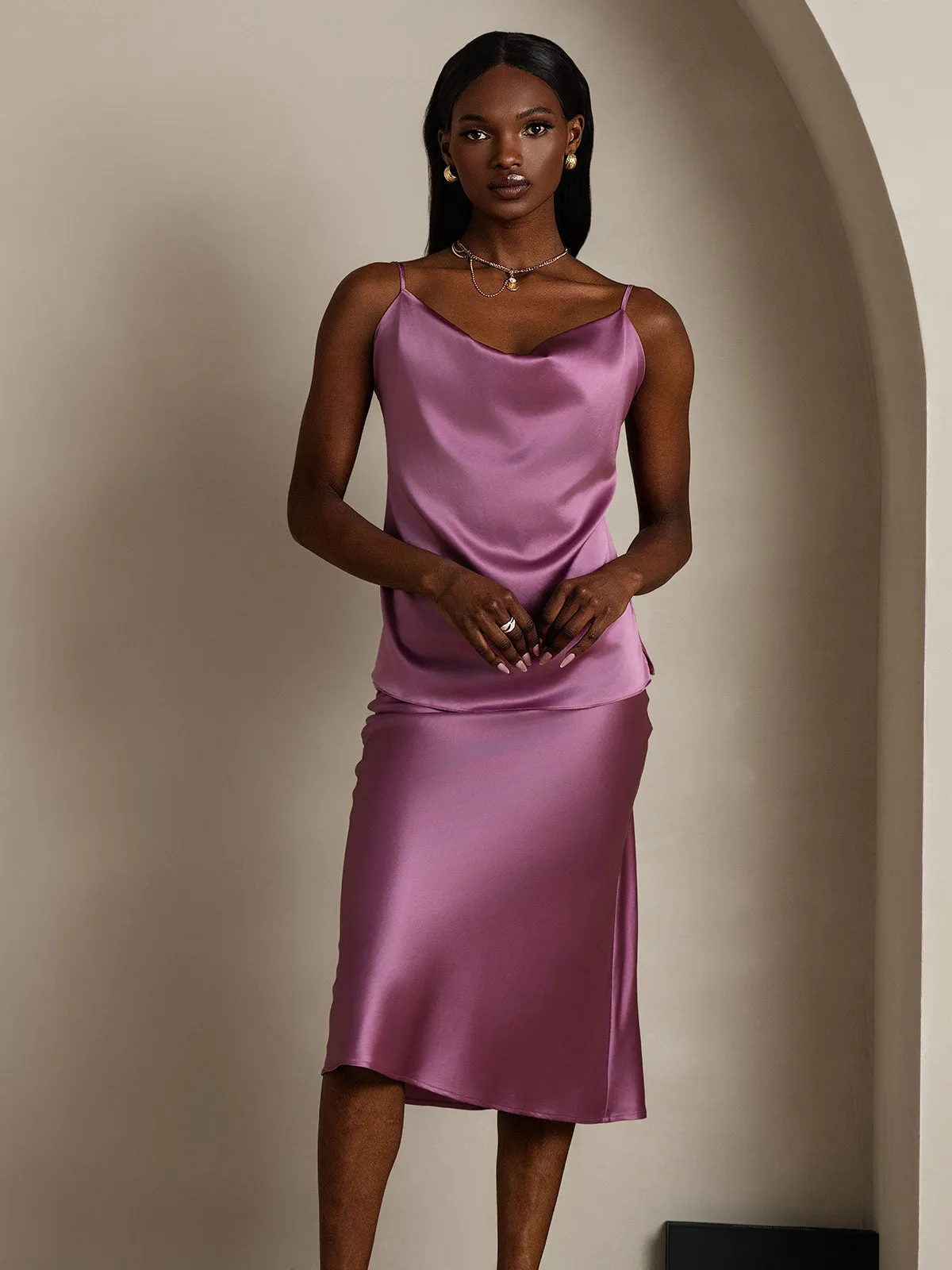 19Momme Silk Spaghetti Strap Cowl Neck Camisole Top