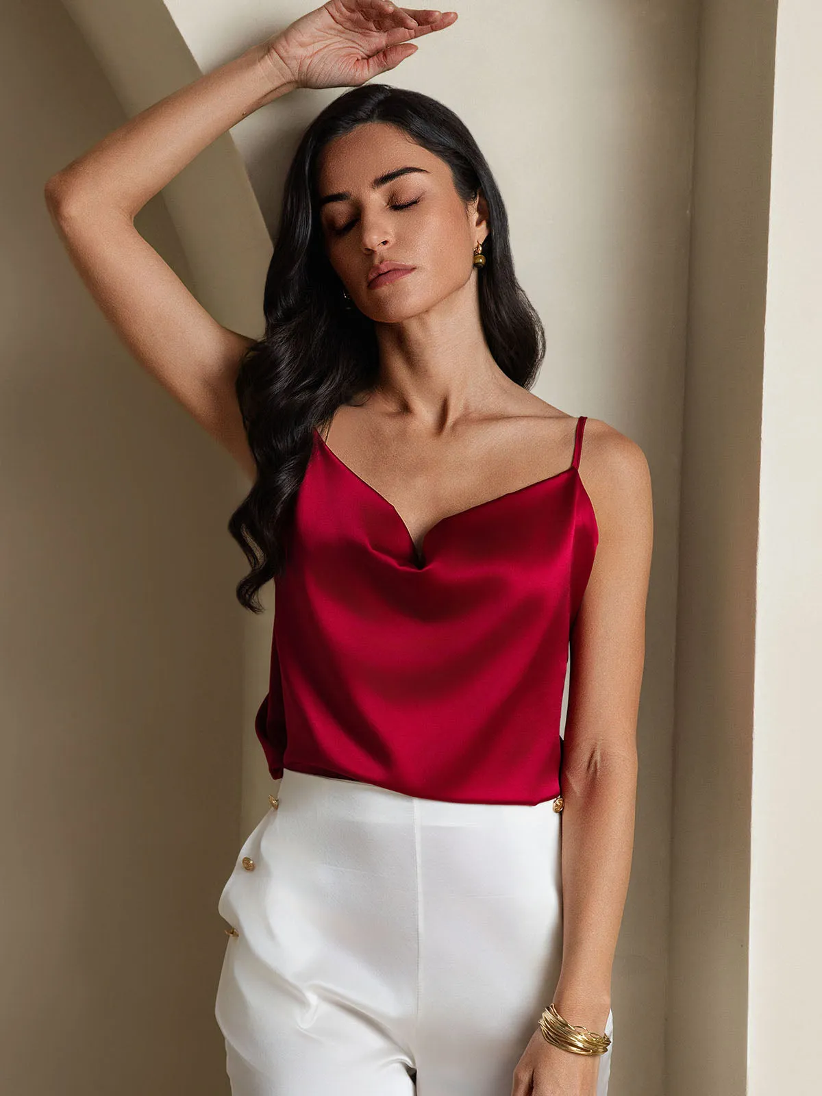 19Momme Silk Spaghetti Strap Cowl Neck Camisole Top
