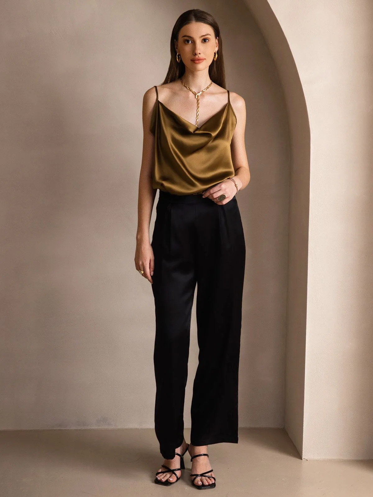 19Momme Silk Spaghetti Strap Cowl Neck Camisole Top