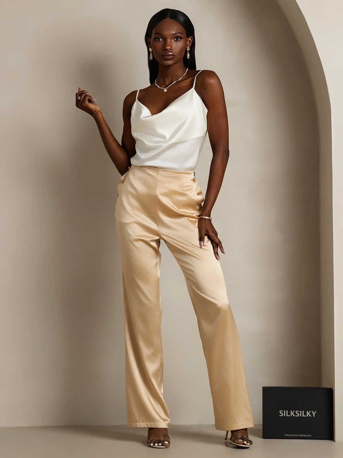 19Momme Silk Spaghetti Strap Cowl Neck Camisole Top