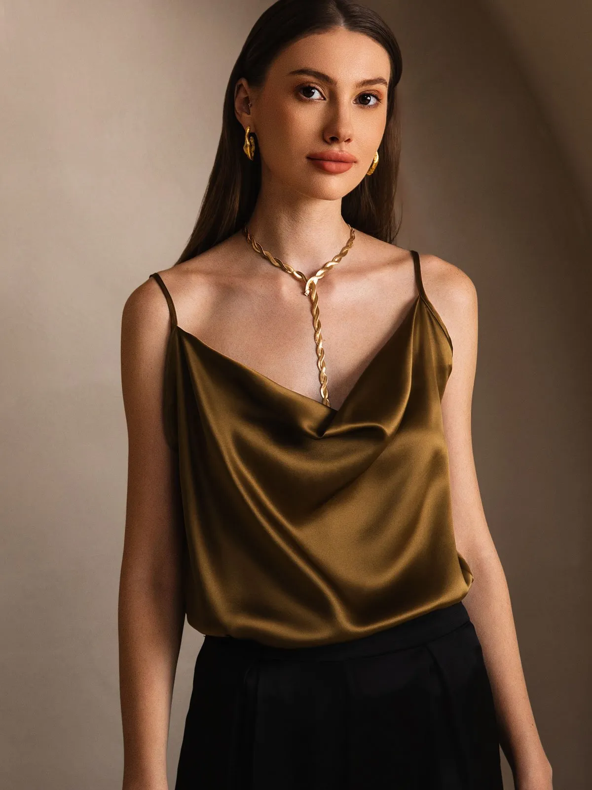 19Momme Silk Spaghetti Strap Cowl Neck Camisole Top