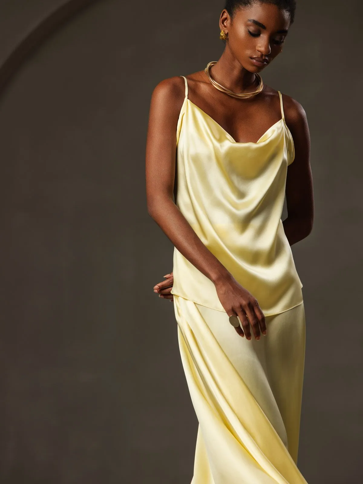 19Momme Silk Spaghetti Strap Cowl Neck Camisole Top