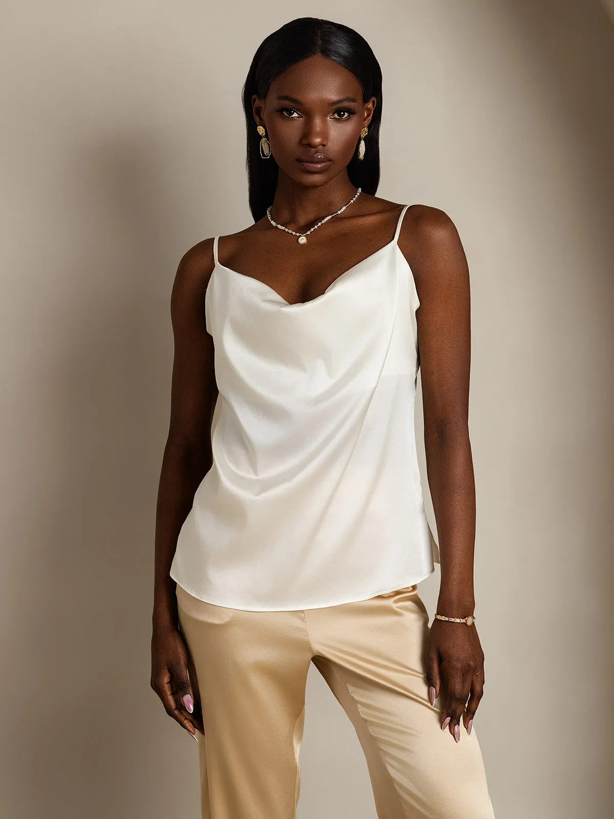 19Momme Silk Spaghetti Strap Cowl Neck Camisole Top