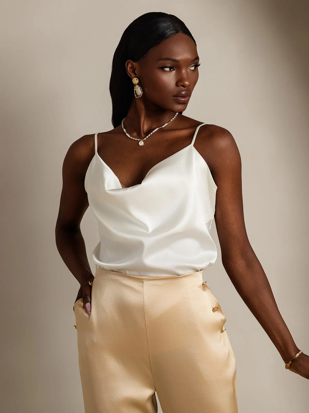 19Momme Silk Spaghetti Strap Cowl Neck Camisole Top