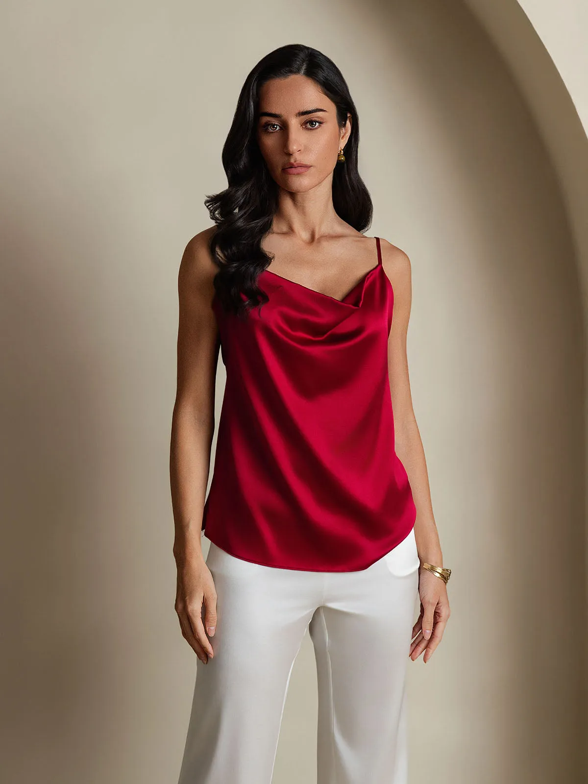 19Momme Silk Spaghetti Strap Cowl Neck Camisole Top
