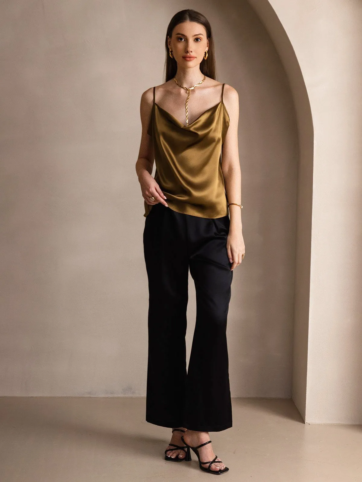 19Momme Silk Spaghetti Strap Cowl Neck Camisole Top