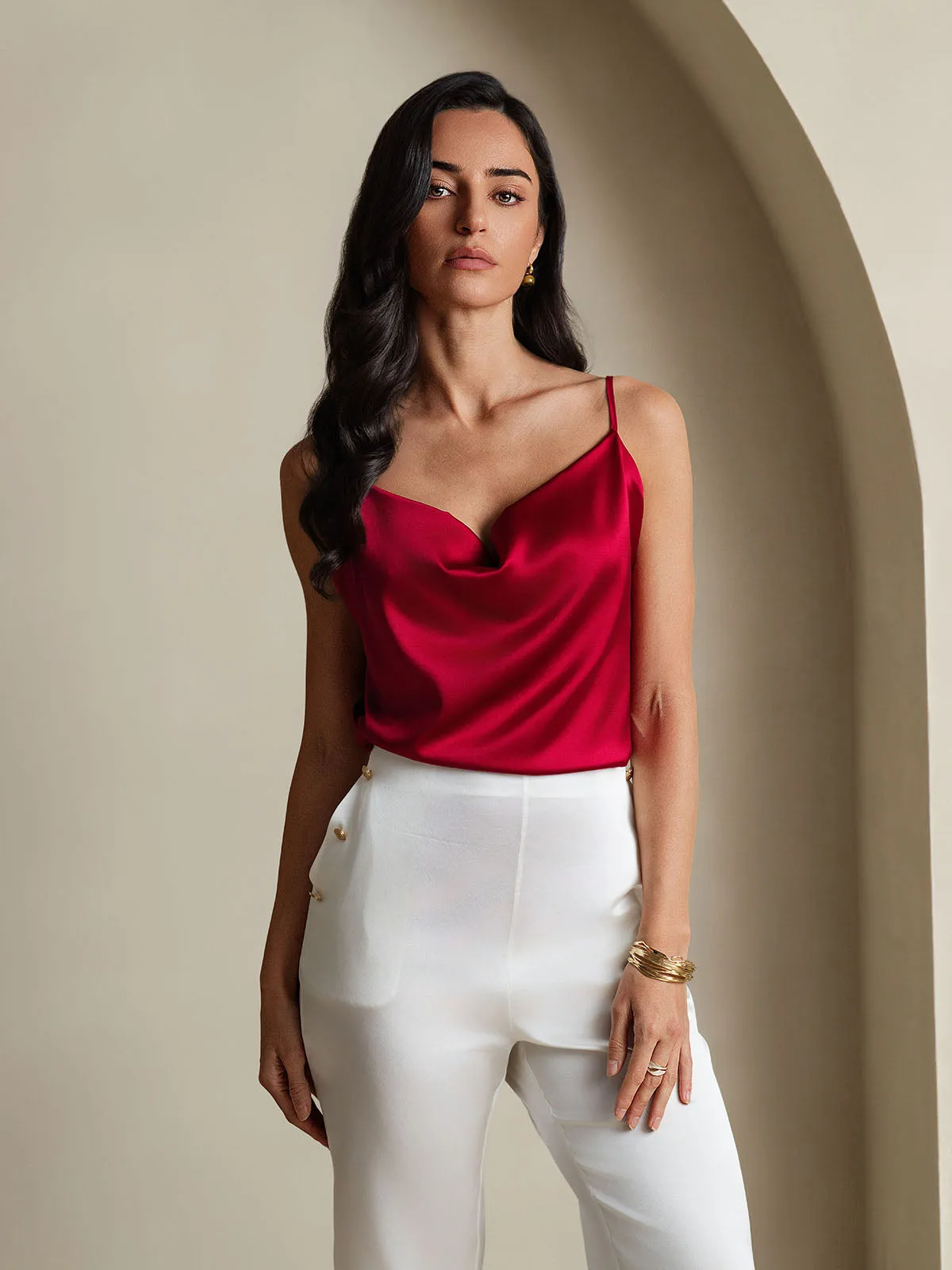 19Momme Silk Spaghetti Strap Cowl Neck Camisole Top