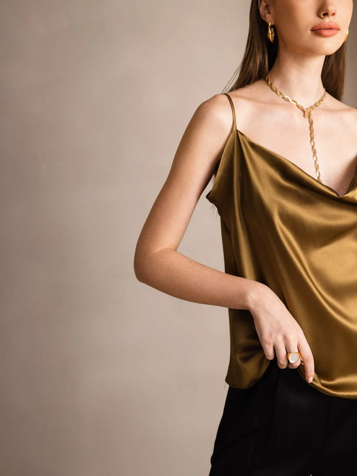 19Momme Silk Spaghetti Strap Cowl Neck Camisole Top