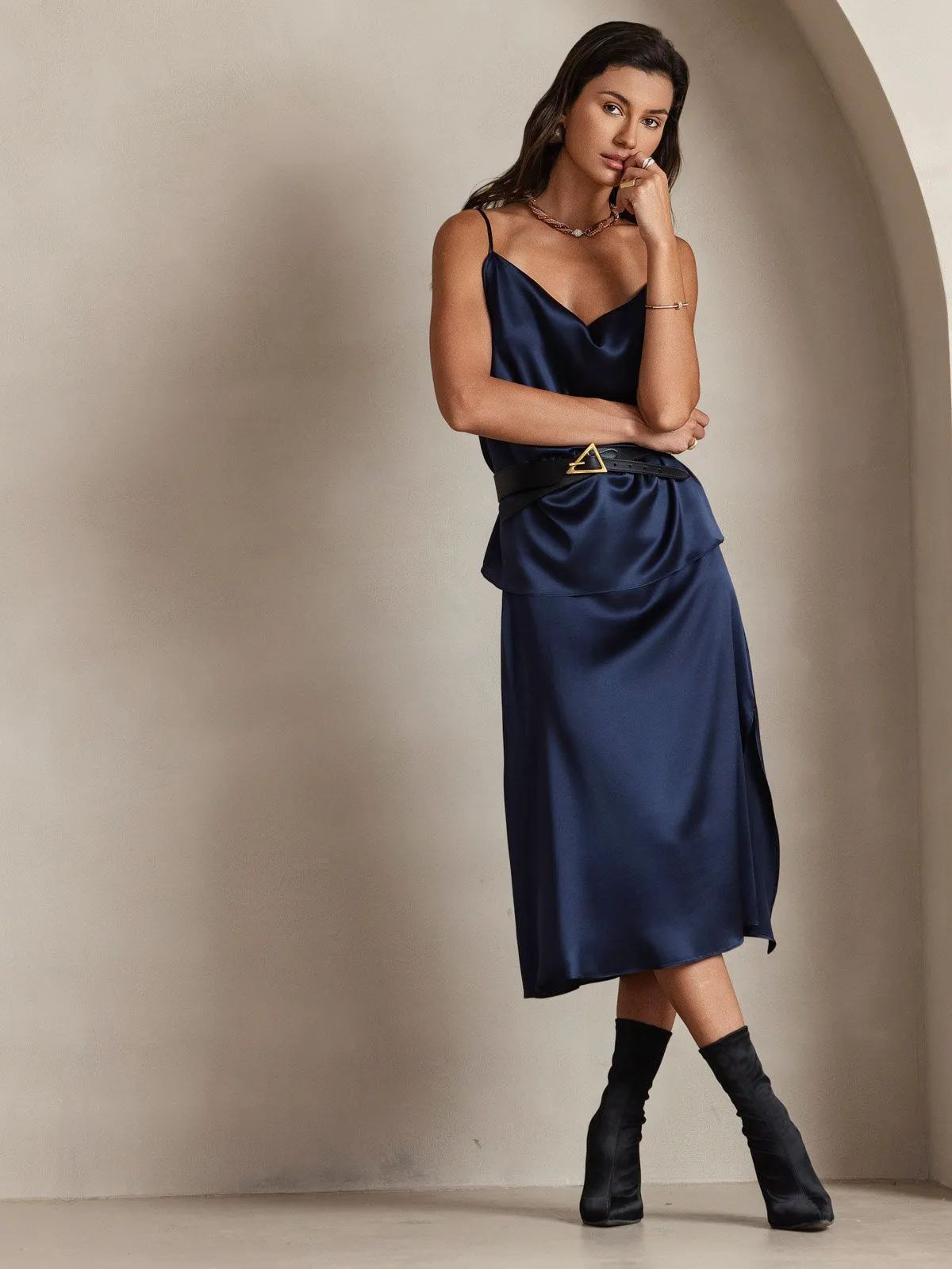 19Momme Silk Spaghetti Strap Cowl Neck Camisole Top