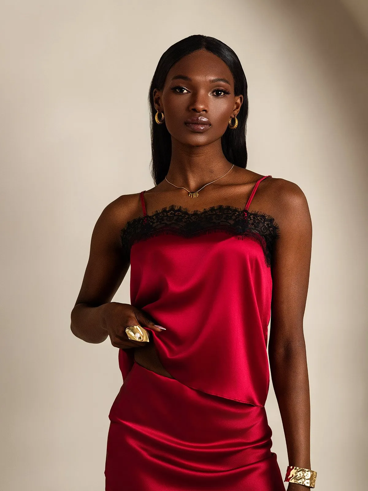 19Momme Silk Spaghetti Strap Lace Trimmed Camisole Top