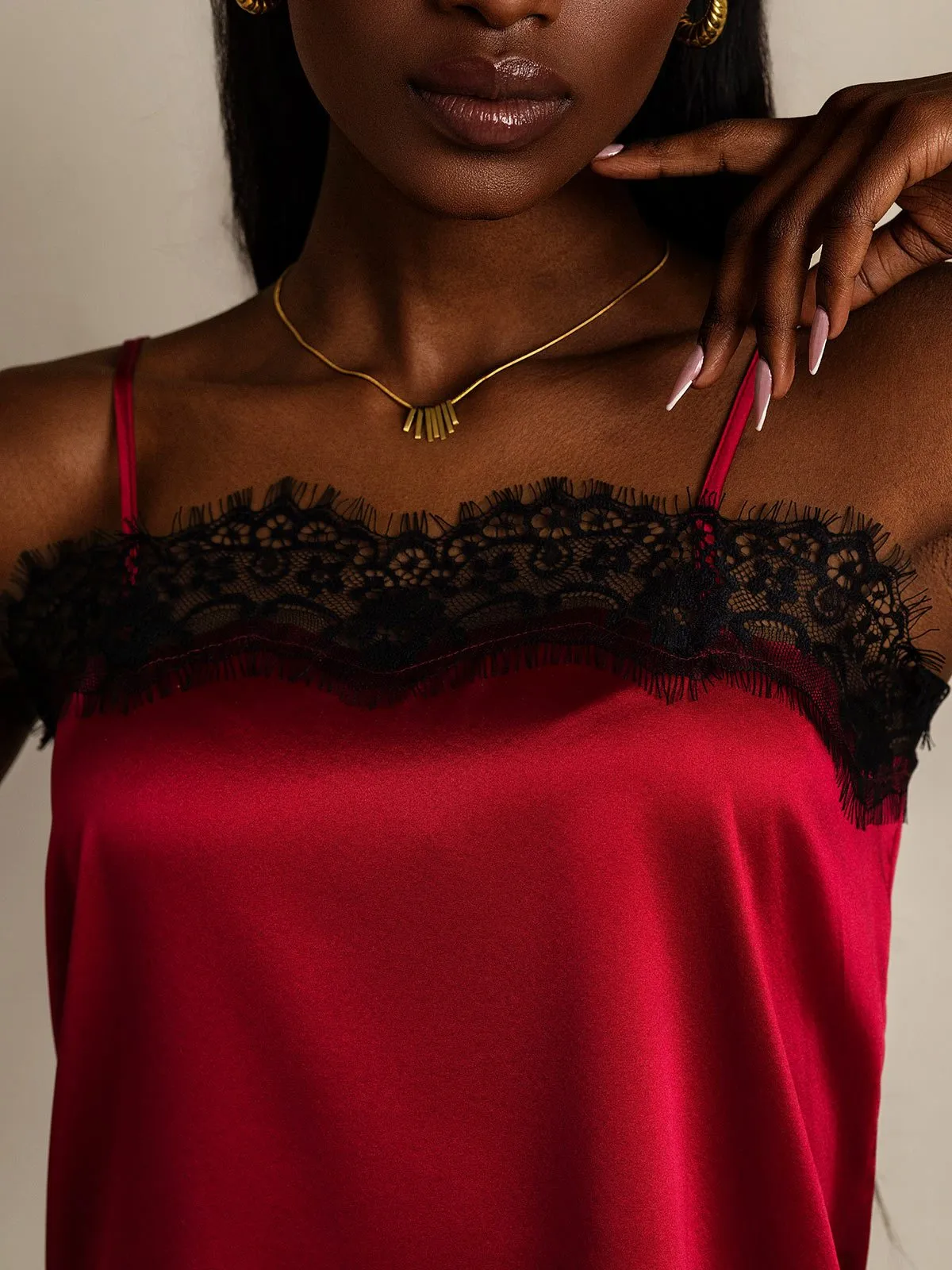 19Momme Silk Spaghetti Strap Lace Trimmed Camisole Top
