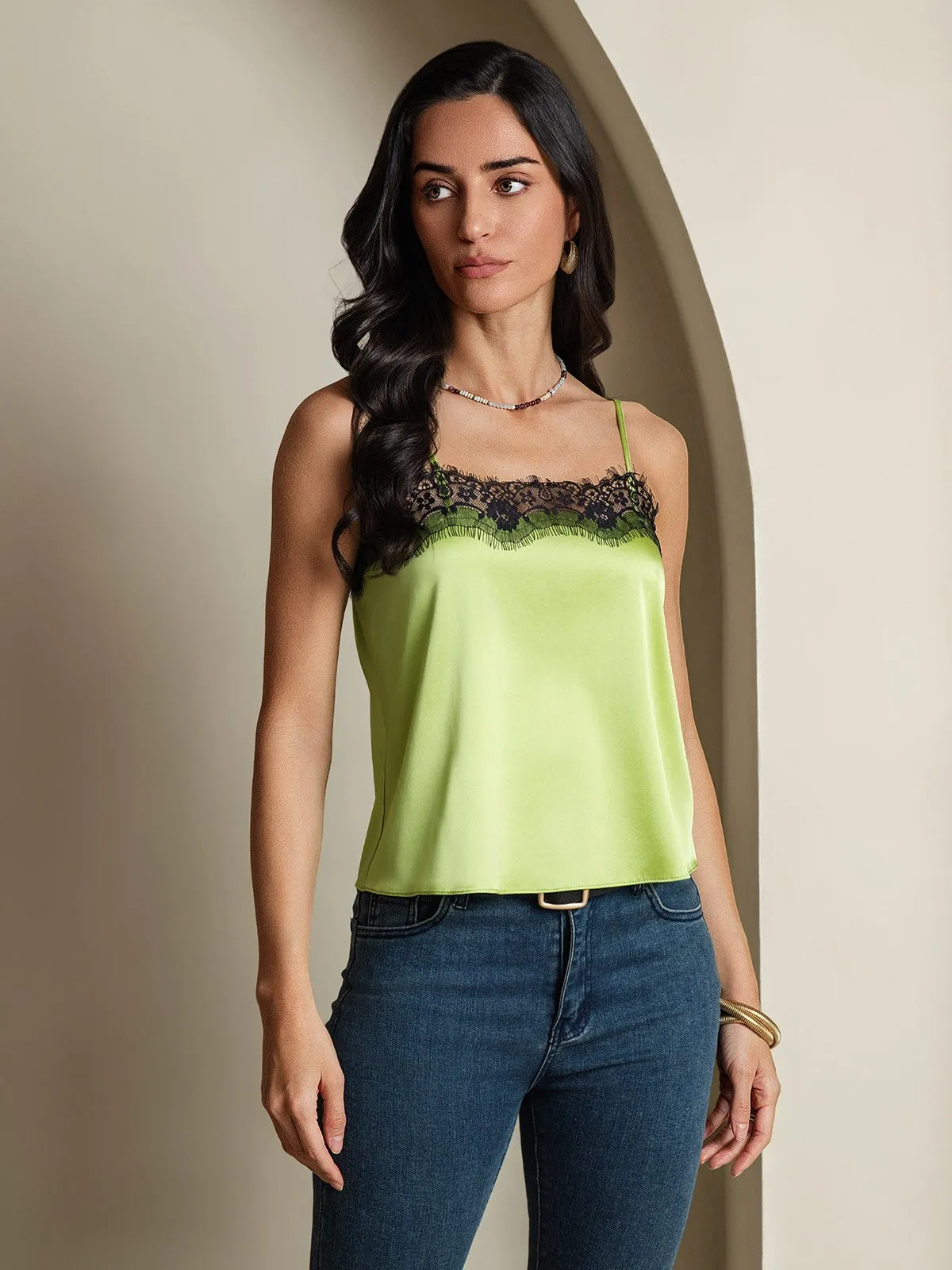 19Momme Silk Spaghetti Strap Lace Trimmed Camisole Top