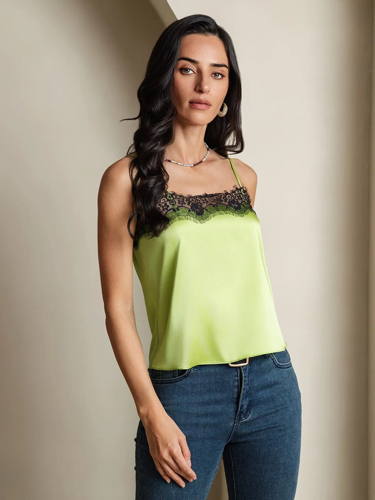 19Momme Silk Spaghetti Strap Lace Trimmed Camisole Top