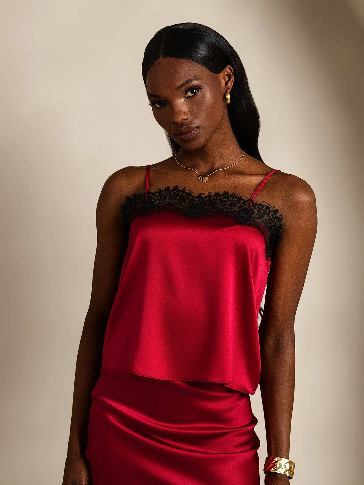19Momme Silk Spaghetti Strap Lace Trimmed Camisole Top