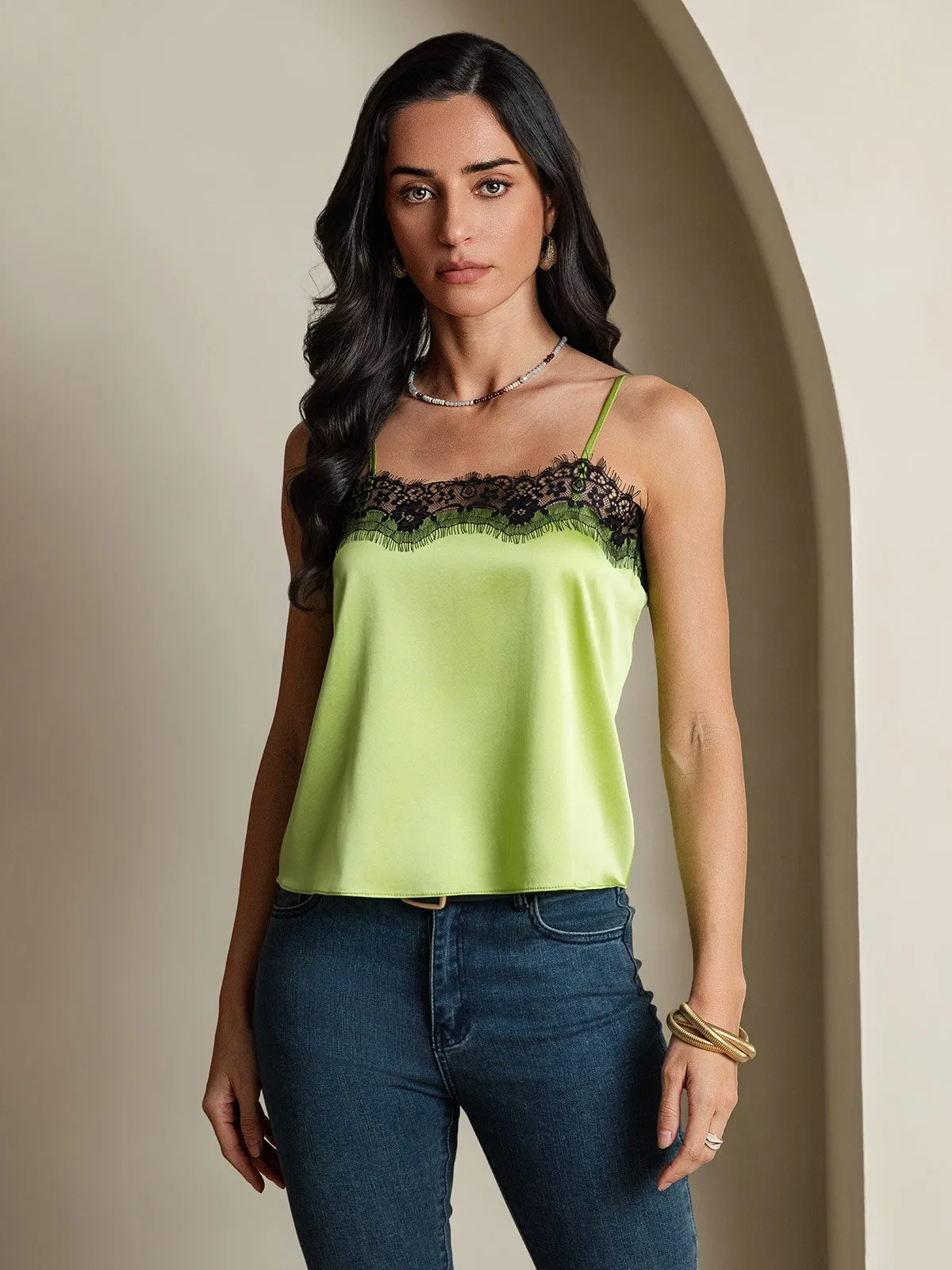 19Momme Silk Spaghetti Strap Lace Trimmed Camisole Top
