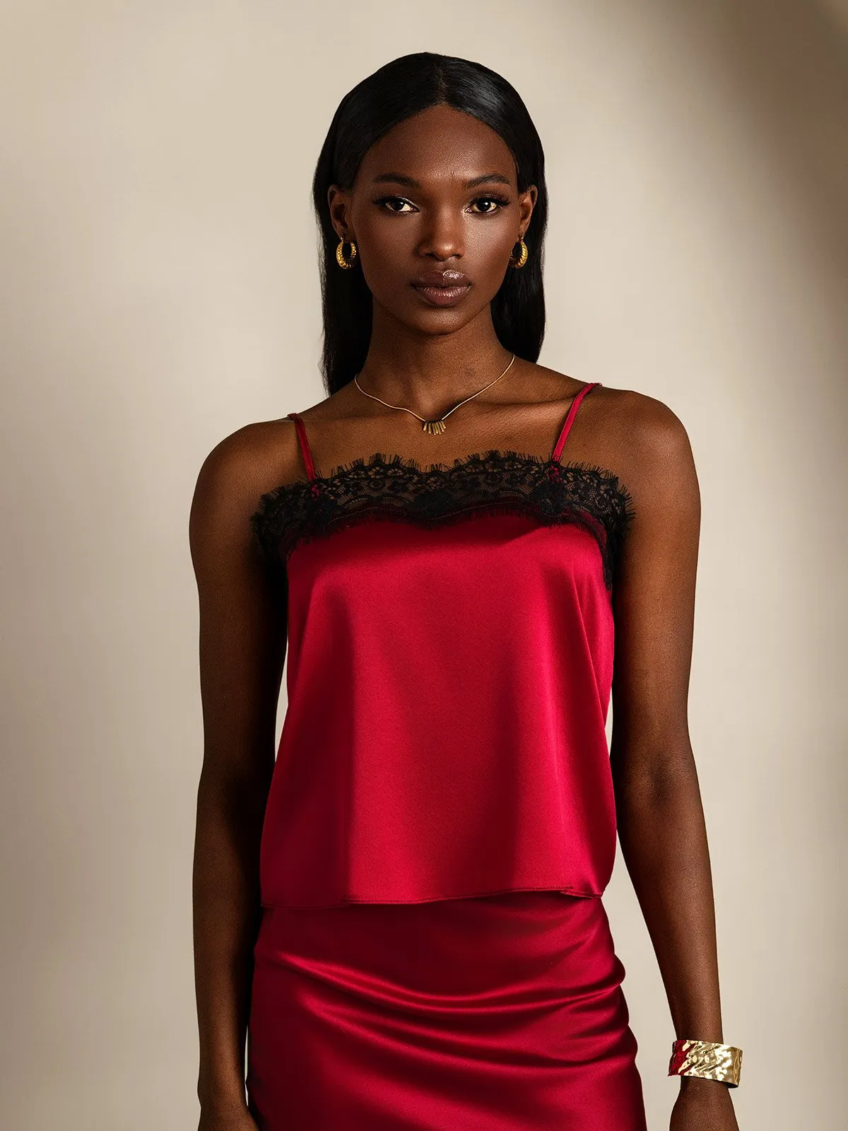 19Momme Silk Spaghetti Strap Lace Trimmed Camisole Top