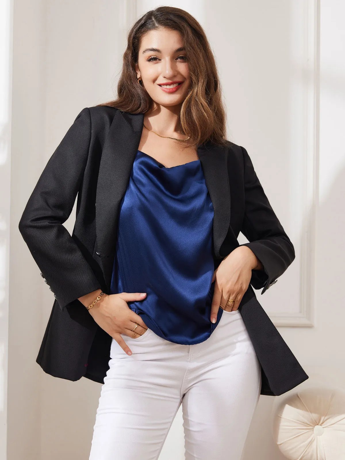 Clearance -Pure Silk Halter Cowl Neck Lace Up Camisole Top