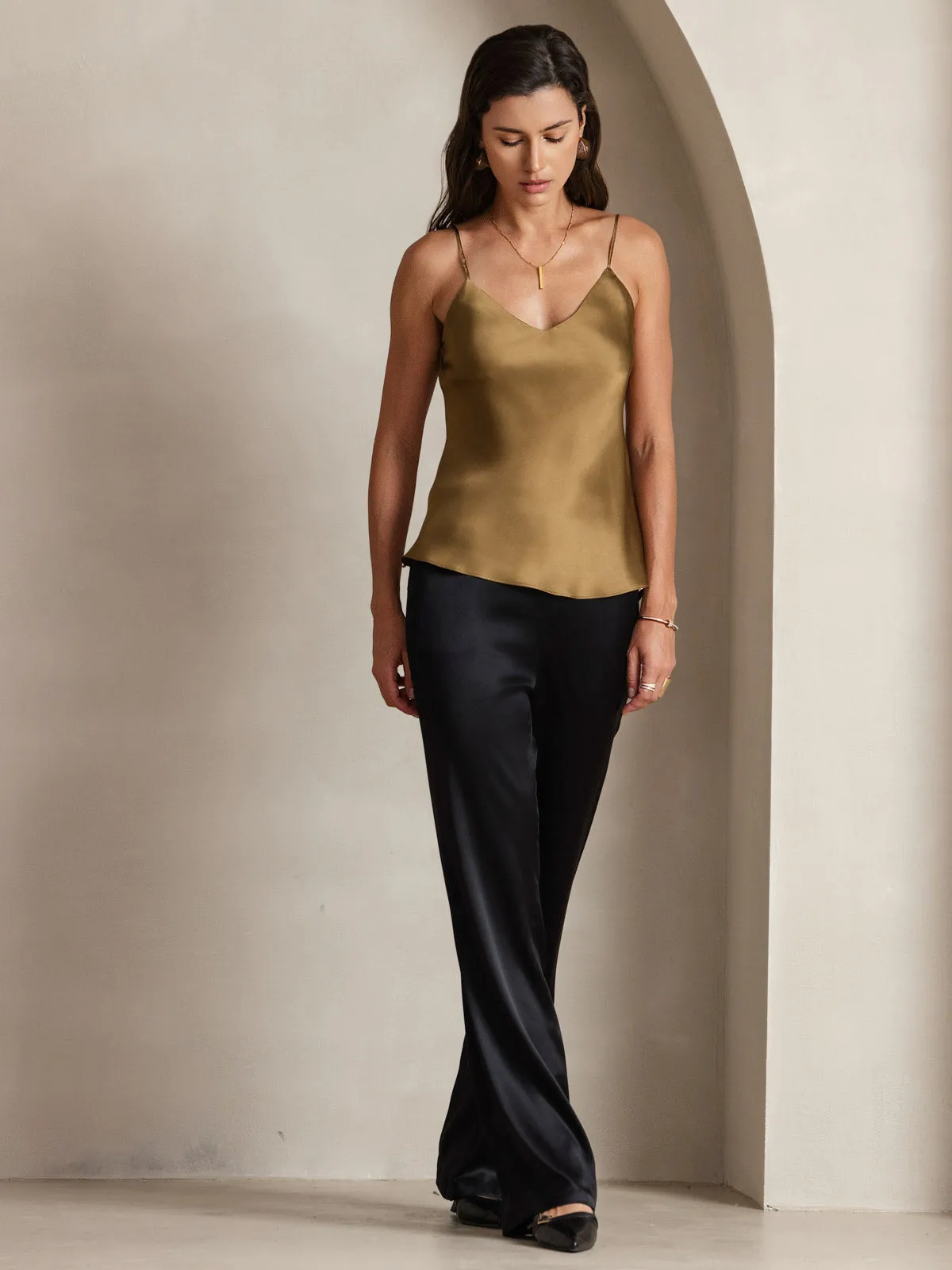 V-neck Pure Silk Spaghetti Straps Camisole Top