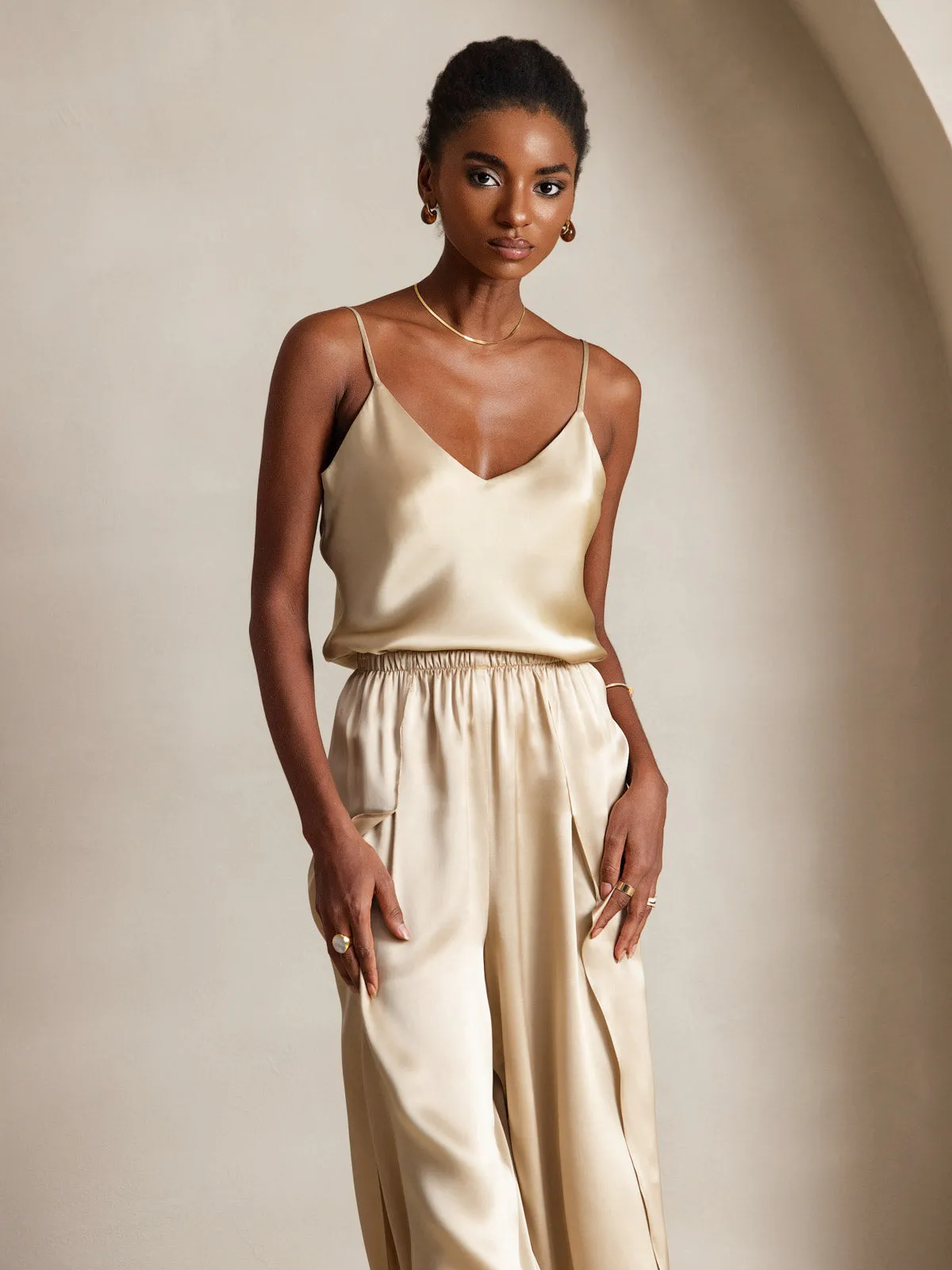 V-neck Pure Silk Spaghetti Straps Camisole Top